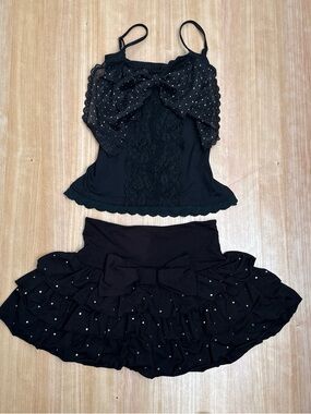Gyaru Black Ruffle Bow Two-Piece Tank & Skirt Set